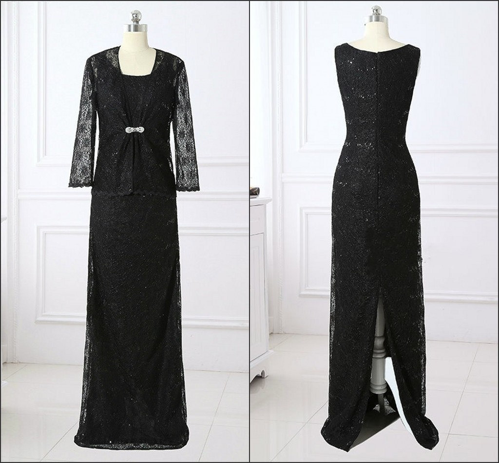 

Sexy Black Lace Mother of the Bride Groom Dresses With Jacket Two Pieces Long Sleeves Sequined Slit Jewel Neck Evening Formal Gowns Cheap