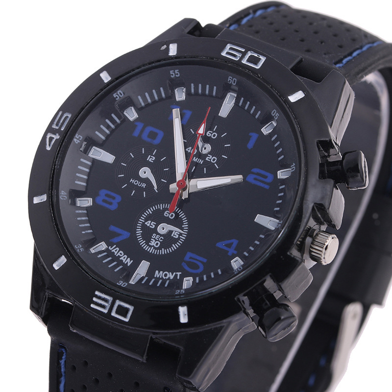 

Men's fashion three-eyed sports watch Car strap silicone watch, Slivery;brown