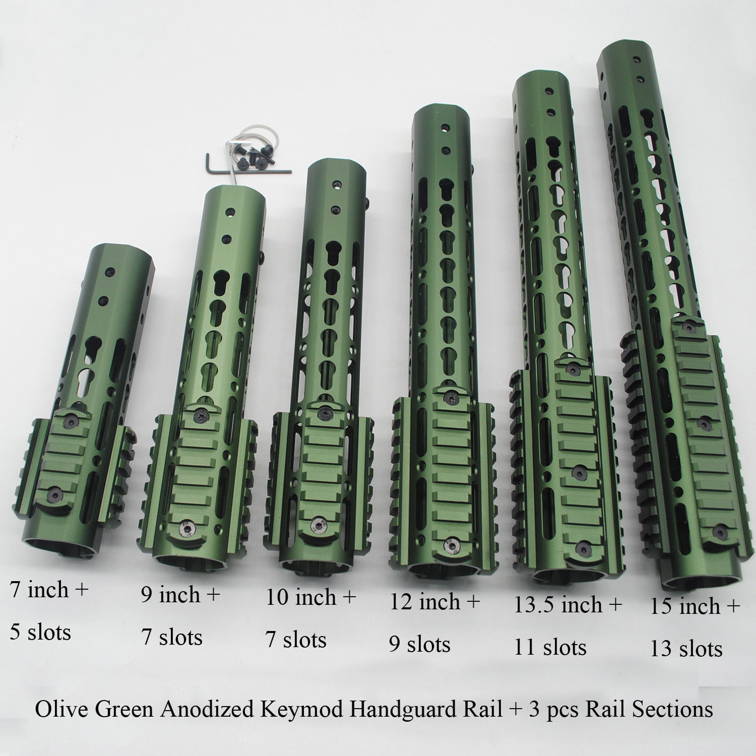 

7/9/10/12/13.5/15'' Unique Olive Green Anodized Keymod Handguard Rail with 3 x Picatinny / Weaver Rail Sections Aluminum