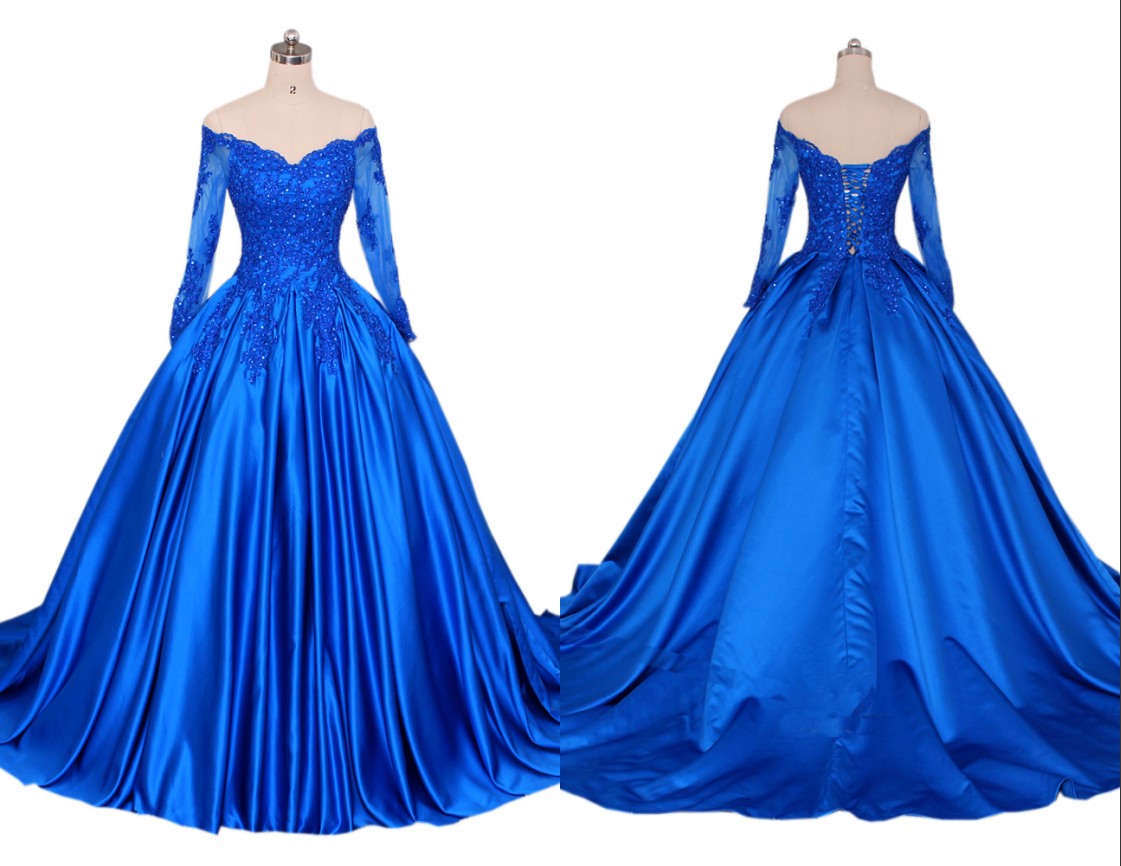 

V neck Blue Evening Dress With Long Sleeves Lace A line Princess 2022 Applique Illusion Sequined Beaded Corset Back Quinceanera Party Dress, Daffodil