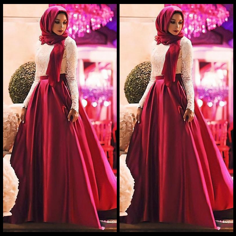 White Red Muslim Prom Dresses Long Sleeves Hijab Evening Gowns Lace Satin Floor Length Plus Size Saudi Arabic Party Dresses