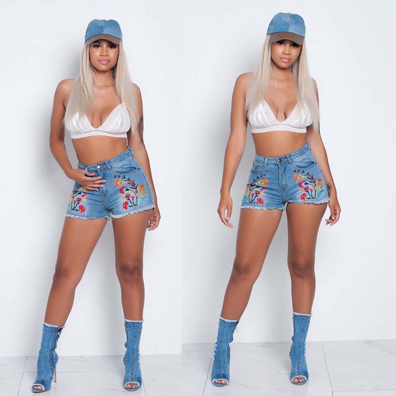 

New Women Shorts Embroidery Jeans Sexy Zipper Hip Medium Waist Denim Short Pants Tassel Ripped Skinny Slim Pants Free Shipping, Y-dk005