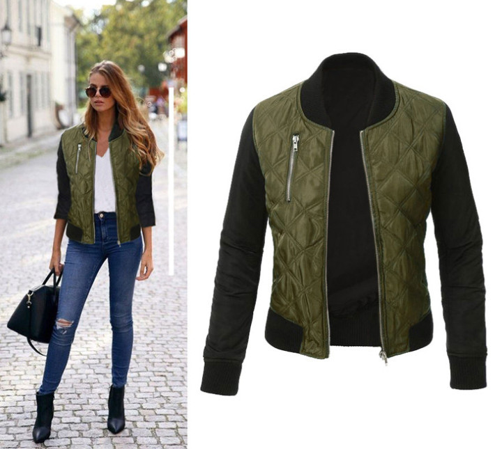 Women Basic Coats autumn and winter Bomber Jacket Casual Zipper Slim Female solid color fashionable army green zipper jacket