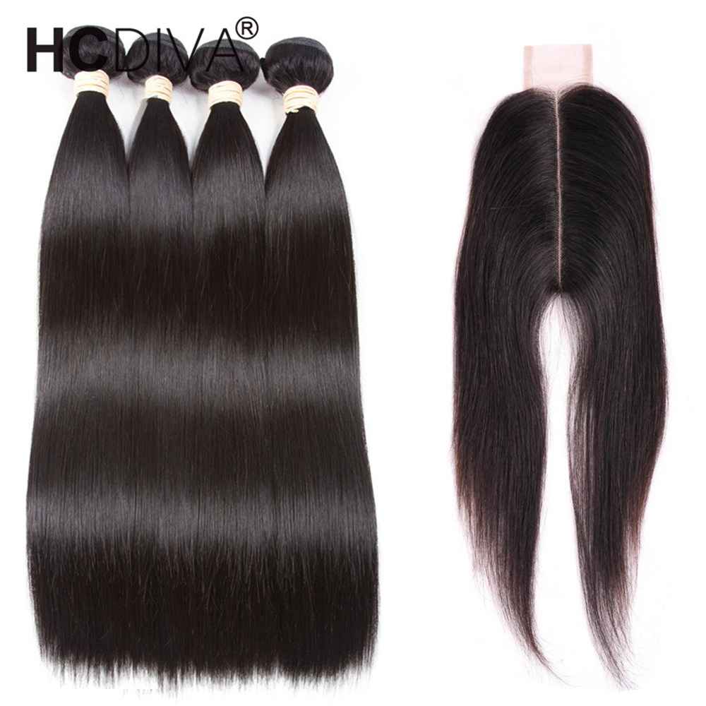 

Brazilian Virgin Straight With 6x2 Closure Unprocessed Brazilian Straight Hair 4 Bundles With Closure Brazilian Human Hair Weave HCDIVA, Natural color