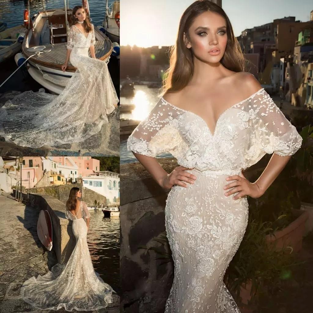 

2019 Beach Mermaid Wedding Dresses Sexy Deep V Neck Half Sleeves Appliqued Lace Court Train Sheer Wedding Dress Bridal Gowns, Silver