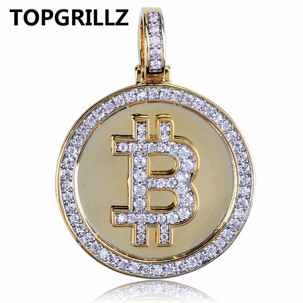 

TOPGRILLZ Hip Hop Gold Color Color Plated Iced Out Micro Pave Zirconia Round Bitcoin Pendant Necklace For Men Women, Silver