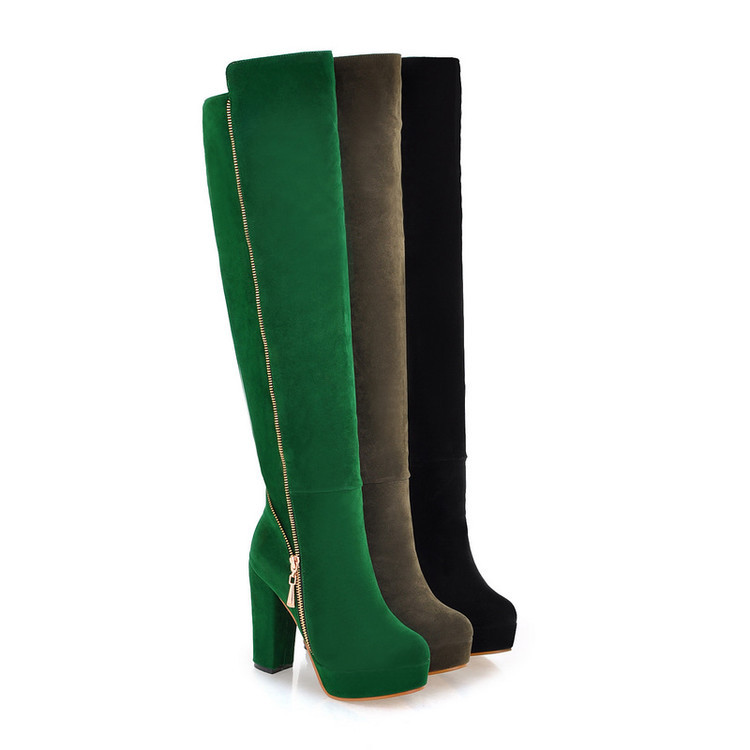 Sexy Winter Warm Fur Plush Over The Knee Boots For Women Flock Leather High Heels Platform Long Shoes Green Laides Zip BX527