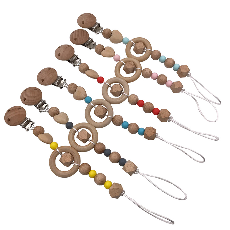 

Dummy Clip Pacifier Chain Holder Wood Beech Silicone Beads Pacifier Soother Holder Clips with Large Circle Donut Wooden Dummy Nipple Chain