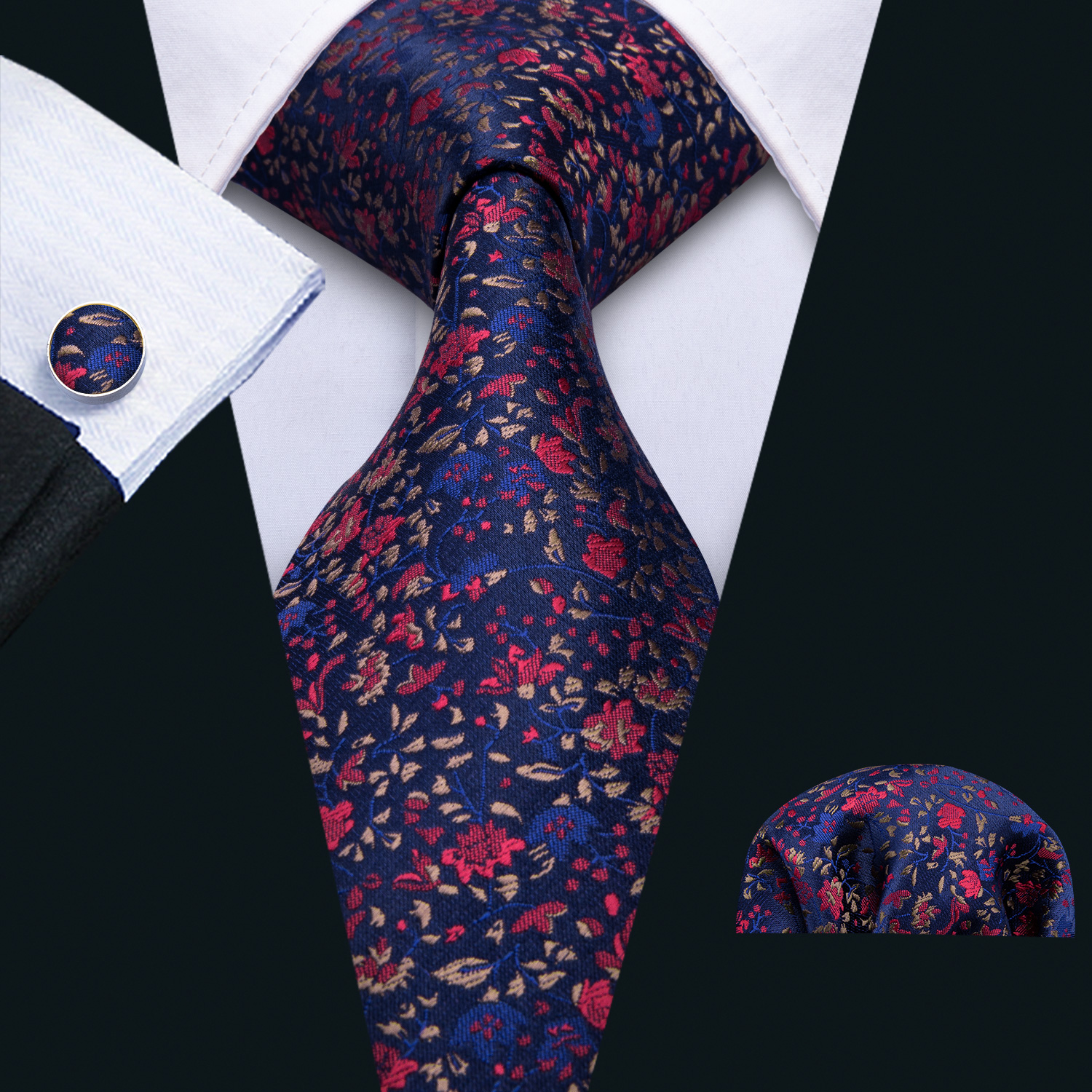 

2018 New listing Mens Tie Hankerchief Cufflinks Set Blue tie with red flower Silk Business Casual Party Necktie Jacquard Woven N-5008, Black;blue