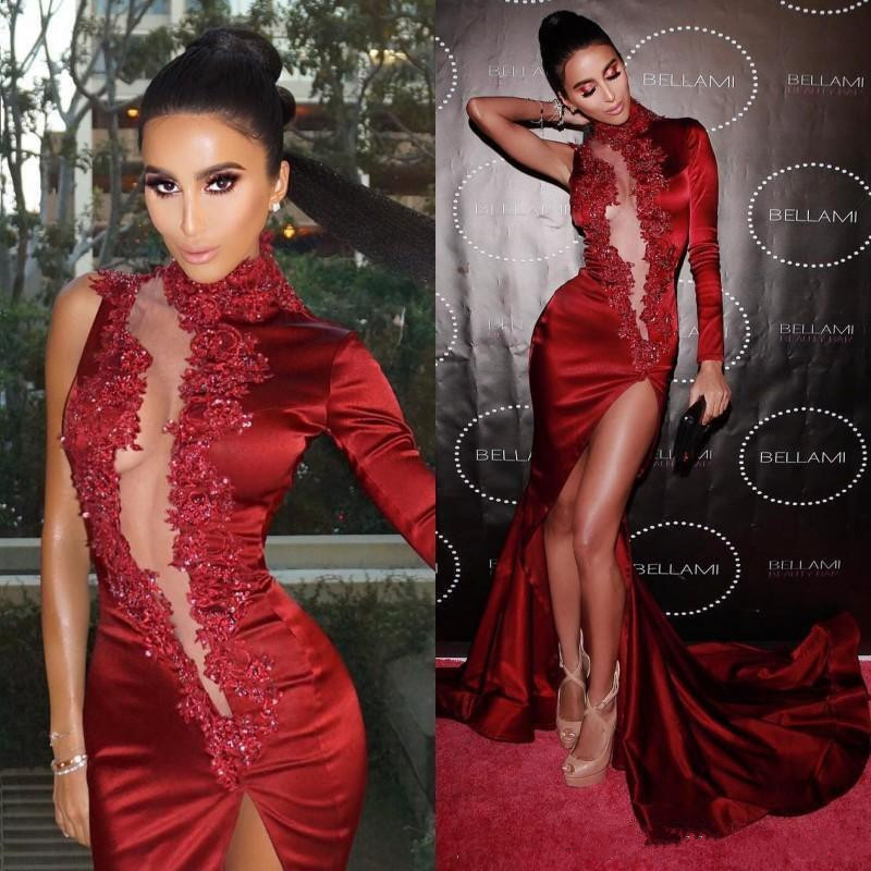 

Sexy Dark Red Split Prom Dresses High Neck Long Sleeves Mermaid Lace Appliques Evening Party Dress Illusion Prom Gowns Custom Made, Purple