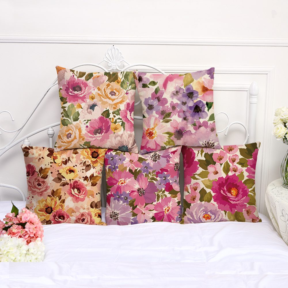 China Ink and Wash Floral Print Cotton Flax Pillow Case Cover Car Sofa Pillow Sham Armchair For Living Room Bedroom Study Room Dining Room-image-413893839