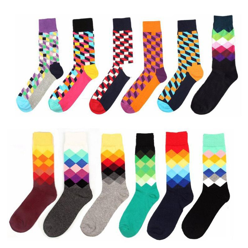 

24pcs=12pairs High Quality Brand Happy Socks British Style Plaid Socks Gradient Color Male's Fashion Personality Cotton Sock, Black