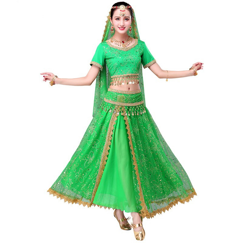 

2018 Sari Dancewear Women Belly Dance Clothing Set Indian Dance Costumes Bollywood Dress(Top+belt+skirt+veil+headpiece, Royal blue