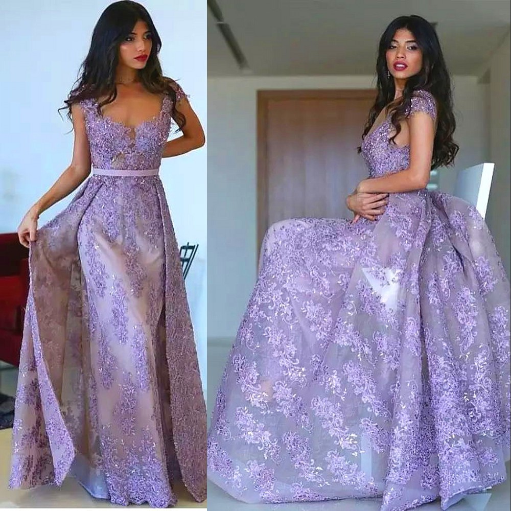 

Lavender Mermaid Long Prom Dress With Overskirts Glamorous Full Lace Applique Beaded Tulle Evening Dresses Newest Couture Formal Party Dress, Fuchsia