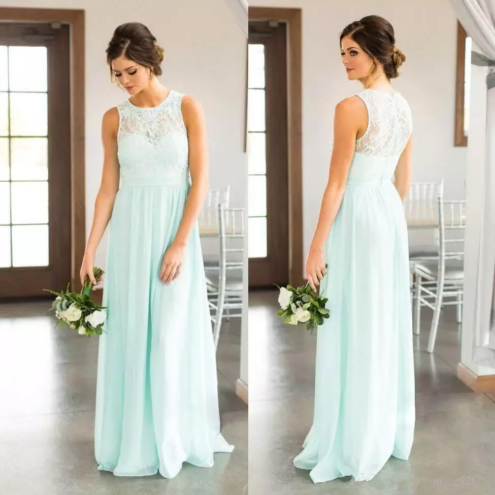 

2019 Mint Green Lace Country Bridesmaids Dresses Long Sheer Jewel Neck Chiffon Wedding Guest Dress Floor Length Cheap Maid Of Honor Gowns