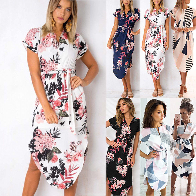 

Womens Maxi Boho Floral Summer Beach Long Dresses Evening Cocktail Party Dress, 1 pink