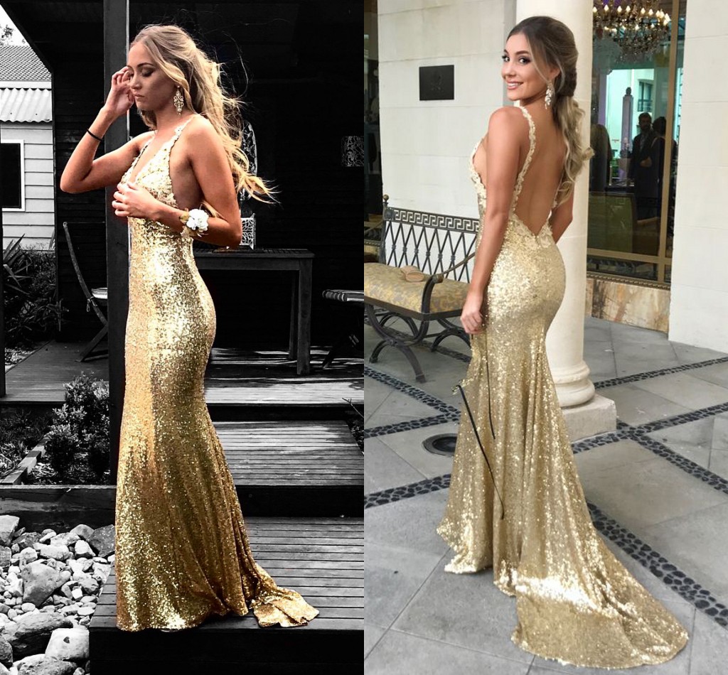

Gorgeous Gold Sequin Mermaid Evening Dresses V Neck Appliqued Straps Backless Plus Size Evening Gowns Sexy Prom Dresses Sweep Train, Chocolate
