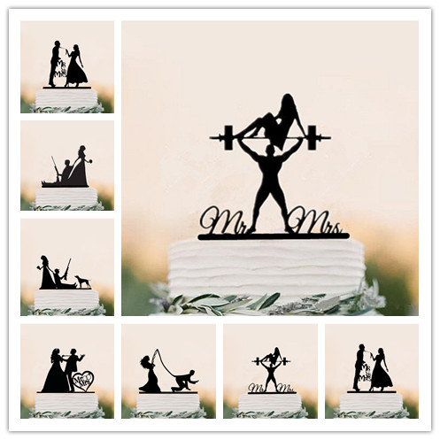 Mixed Funny Style Wedding Cake Topper Bride Groom Cake Topper MR Mrs Black Acrylique Décoration