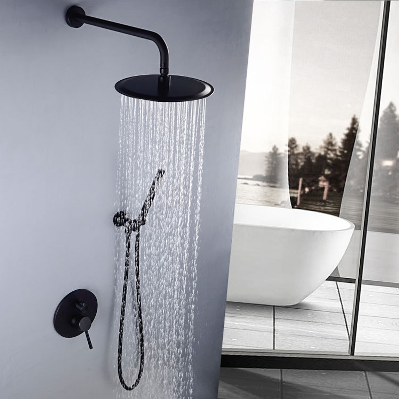 europe style black rain shower set easy install in wall 8/10/12" rainfall shower system hot cold shower panel mixer-image-426725053
