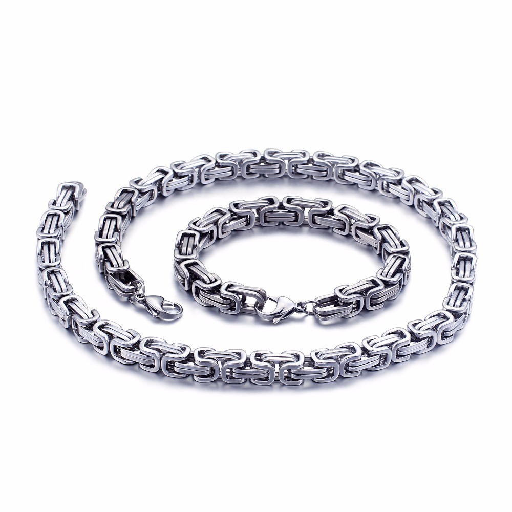

5mm/6mm/8mm wide Silver Stainless Steel King Byzantine Chain Necklace Bracelet Mens Jewelry Handmade