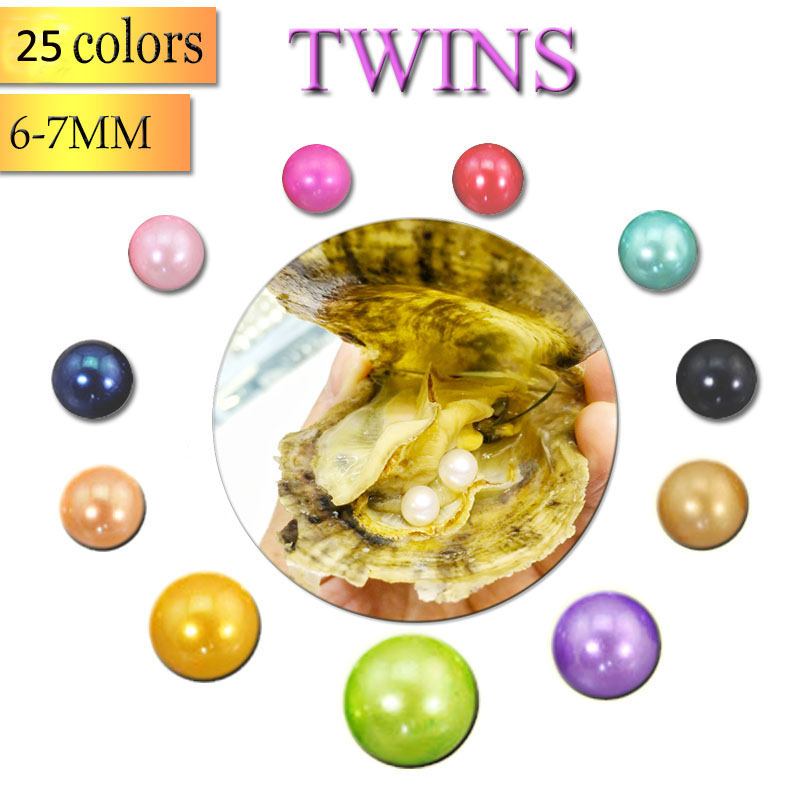 Twins gros perle Akoya Oyster 2018 ronde 6-7mm couleurs eau de mer naturelle dans Cultured Huître Mussel Farm Supply Perle Livraison gratuite