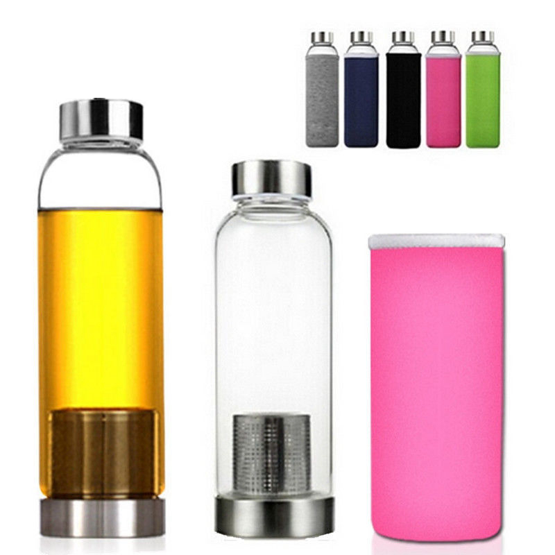 

550ml BPA Free Glass Sport Water Bottle with Tea Filter Infuser Protective Bag Outdoor Travel Car Adult Kids Cups AAA663
