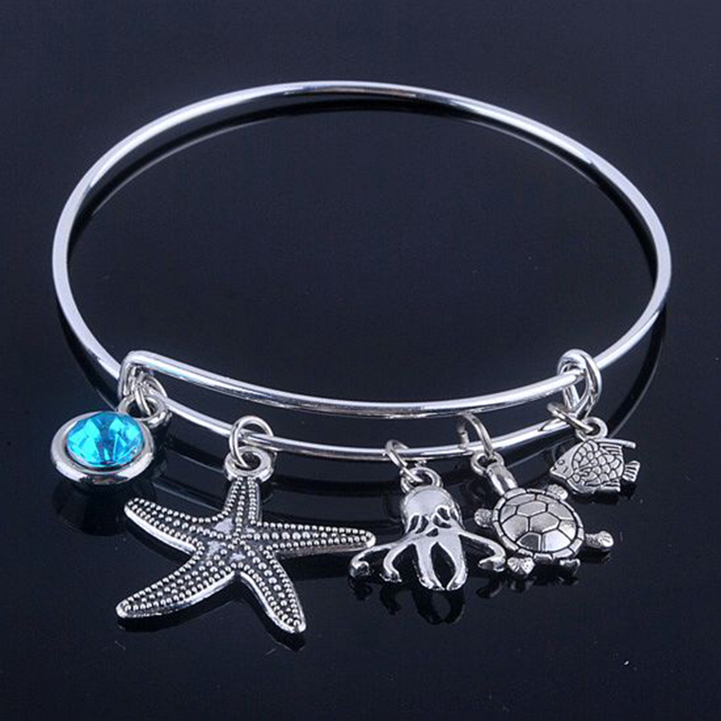 

New design Adjustable Expandable Wire bracelets bangles diameter 65mm silver plated sea life and blue birthday stone bracelets