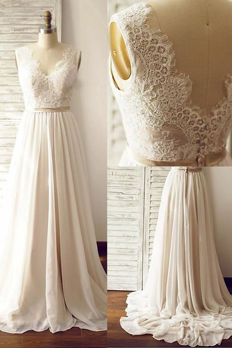 2019 New Fashion V-neck Women Wedding Dresses A-line Sleeveless Bridal Dresses Top Lace Waist Gold Sash Chiffon Skirts Bohemian Styles Cheap