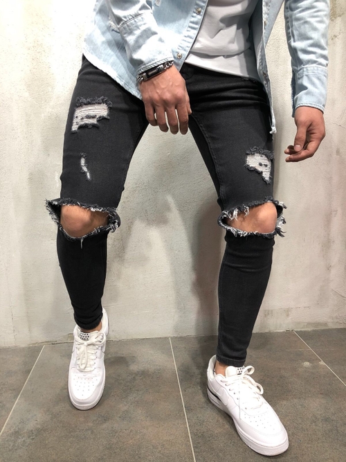 Mode heren gescheurde gaten jeans rechte slank elastische denim fit jean zwarte skinny jeans mannelijke lange broek jeans broek
