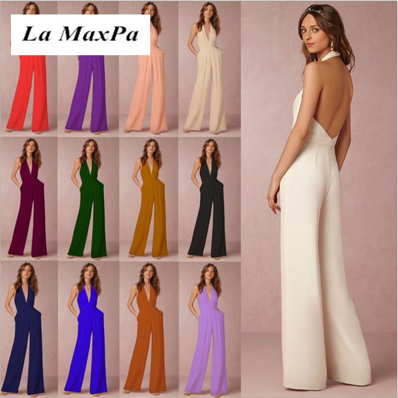 2018 New Solid Color High Quality Casual Jumpsuit Sexy Sleeveless Halter Jumpsuit-image-411495652