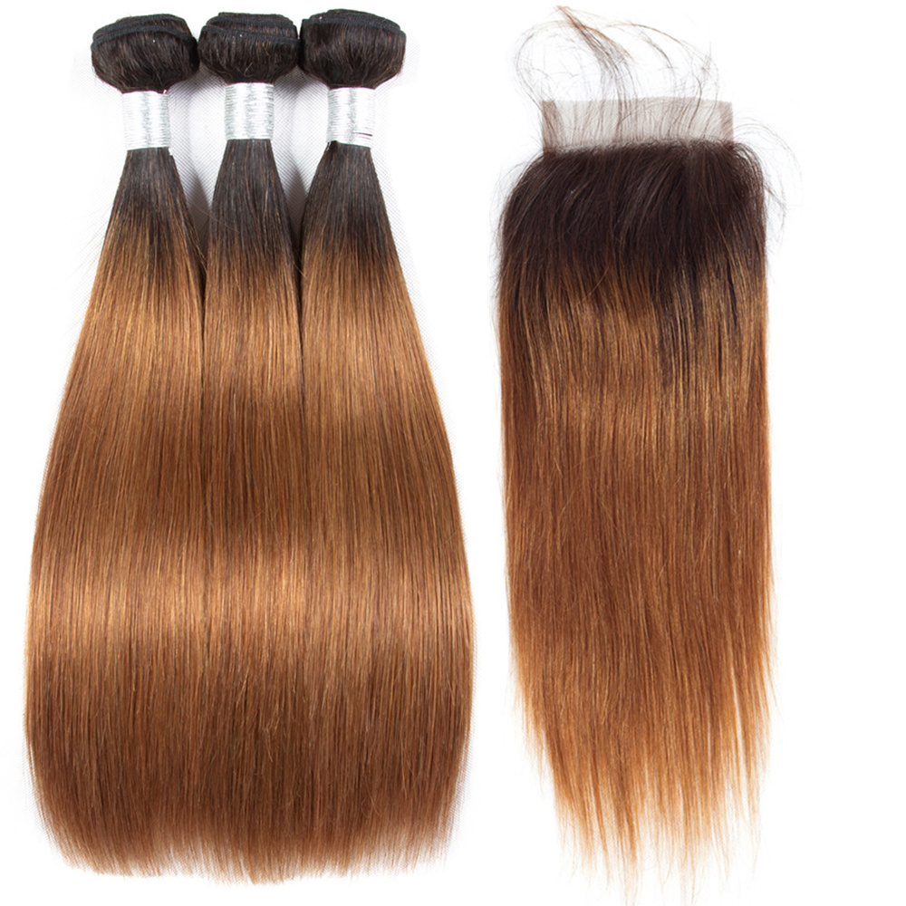 

Peruvian Virgin Hair Pre-Colored Hair 1B 30 Ombre Dark 3 Bundles With Closure Peruvian Straight Human Hair Weave Non Remy No Tangle HCDIVA, Free part