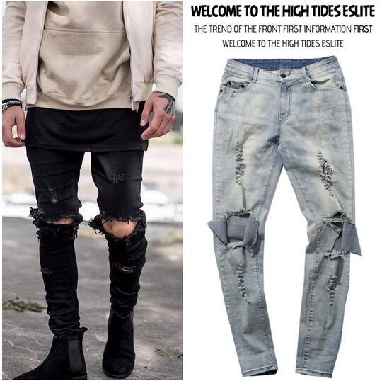 

Skinny Distressed Slim Ripped Jeans For Men Male Designer Biker Hip Hop Black Denim Hole Jeans Pants, Lt blue check size