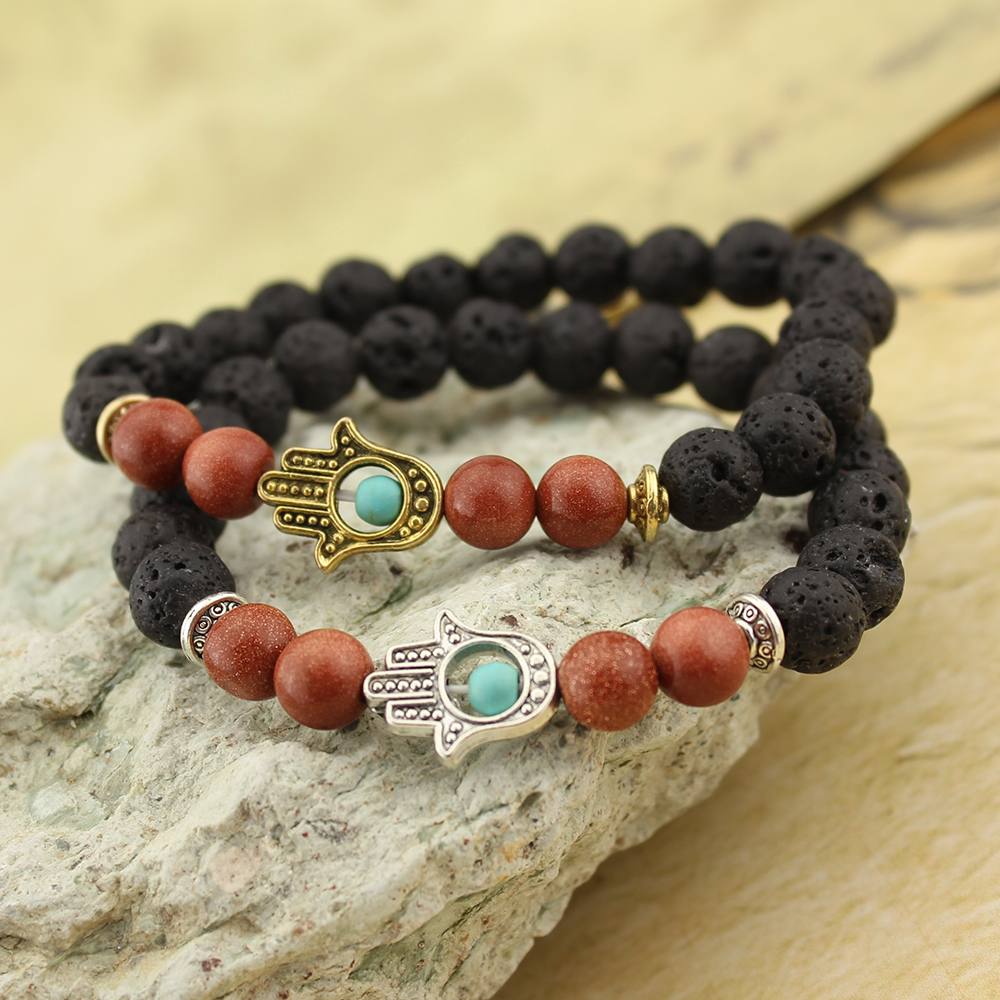 

Lava Stone Yoga Energy Beaded Bracelet Antique Gold Silver Hamsa Hand Fashion Jewelry Accessories for Women Men, Black