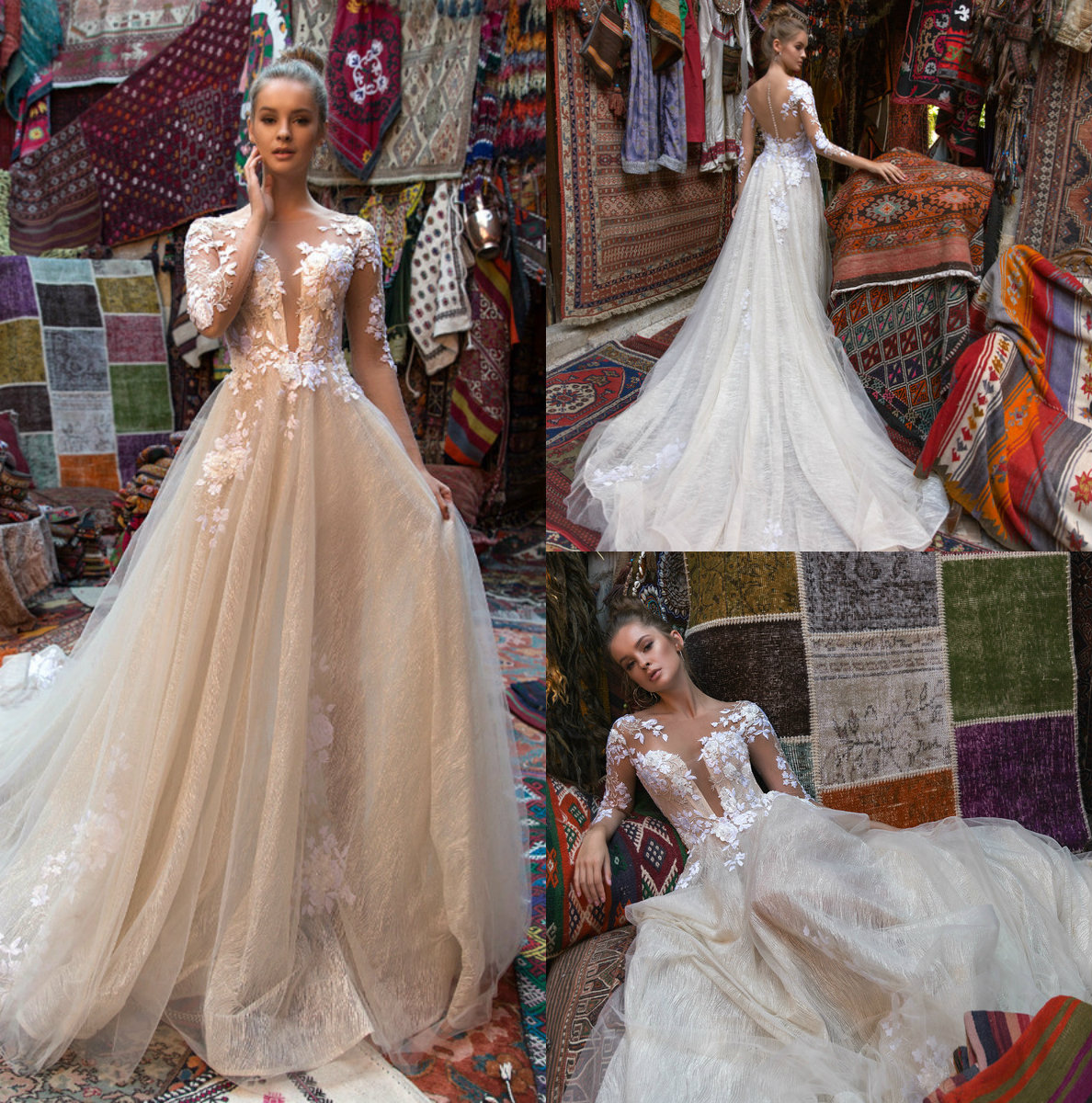 

Eva Lendel A Line Wedding Dresses Sheer V Neck Long Sleeve Bridal Gowns Covered Button Back Sweep Train Applique Lace Wedding Dress, Pink