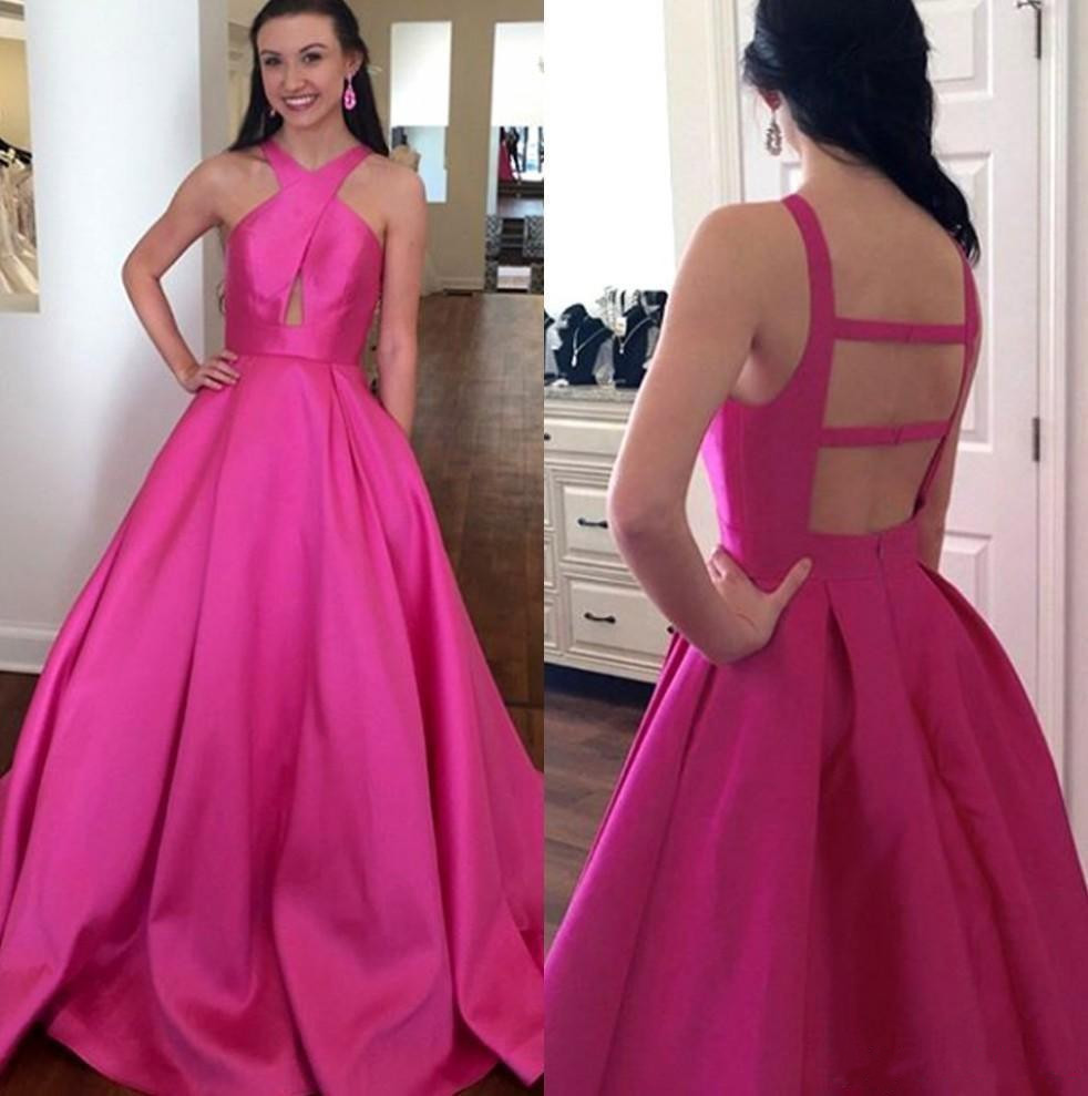 Fuchsia Simple Satin Prom Dresses Backless A-Line Floor Length Girls Pageant Dress Plus Size Evening Party Gowns
