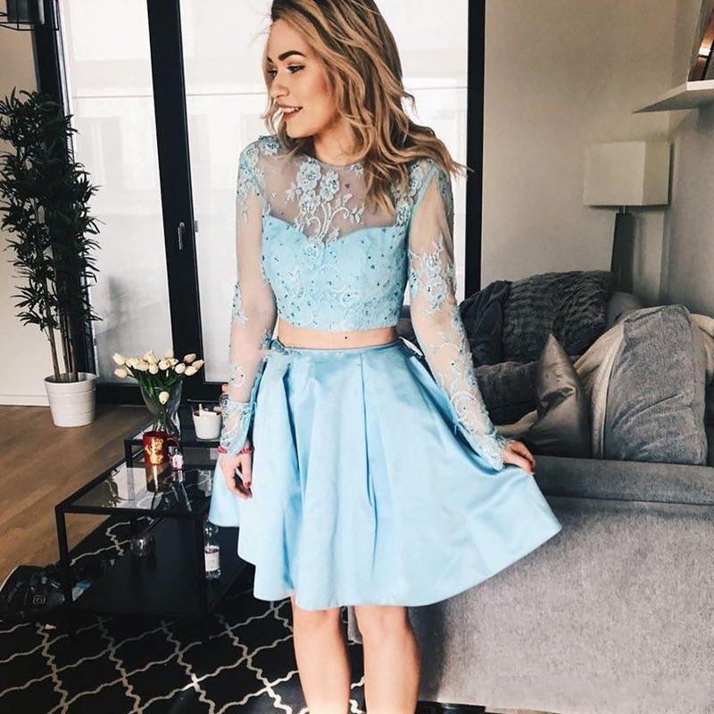 WDING Two Pieces Prom Dresses Short Tulle Lace Applique Beaded Homecoming Dress