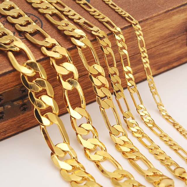Mens women's Solid Gold GF 3 4 5 6 7 9 10 12mm Width Select Italian Figaro Link Chain Necklace bracelet Fashion Jewelry wholesale