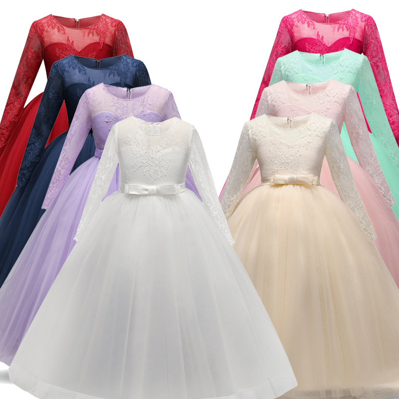 

New Long Fancy Flower Girls Dress For Wedding and Party Dress Kids Bridesmaid Princess Dress Children Teenage Girls Clothing 5-14 Year, White