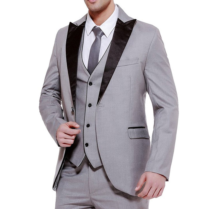 Three Piece Gray Business Party Men Suits Groom Wear 2018 Classic Black Peaked Lapel Wedding Groom Tuxedos (Jacket + Vest+Pants)