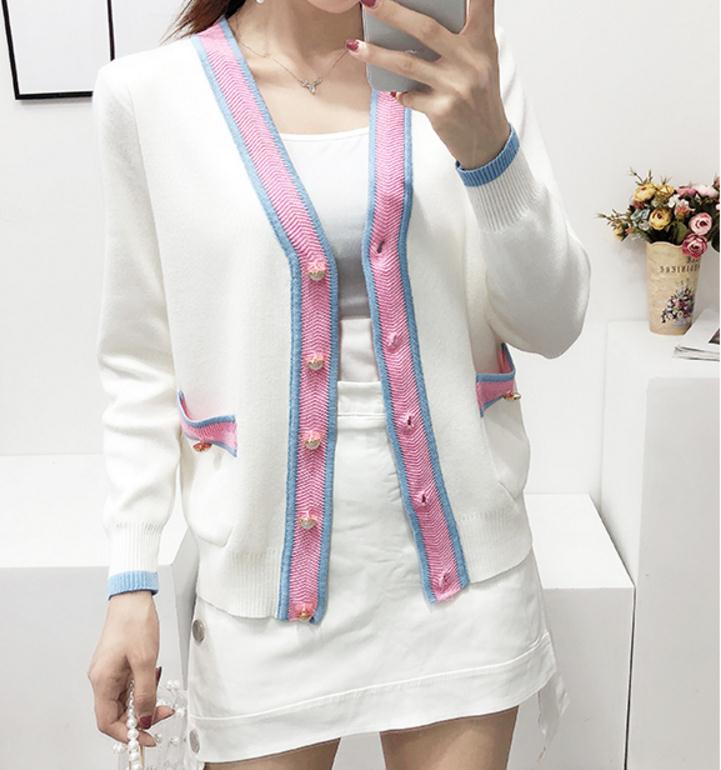 

send cultivate one's moral character coat woman Blue Patchwork V collar autumn Korean sweater, White