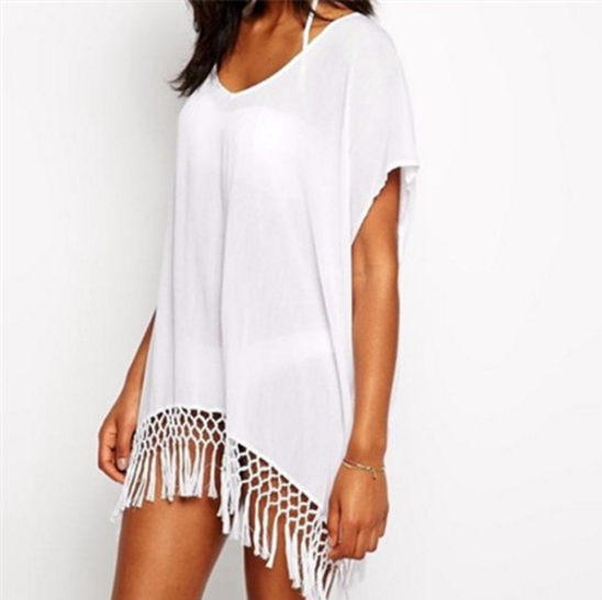 

2018 Summer Sexy Beach Dress With Tassels Pareo Beachwear Tunic White Chiffon Sarong Swimsuit Dress Swimwear, Blue