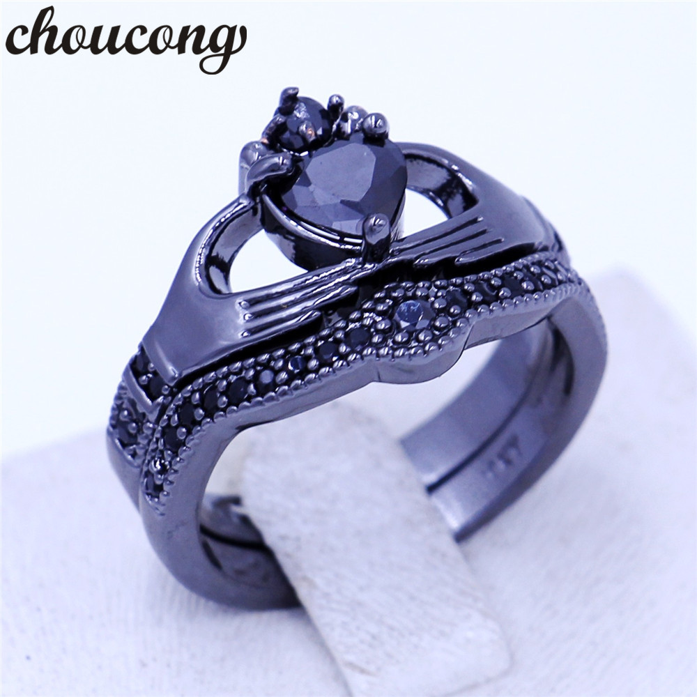 

choucong 4 colors Birthstone women claddagh ring 5A zircon cz Black Gold Filled Wedding Band Bridal sets ring for women men
