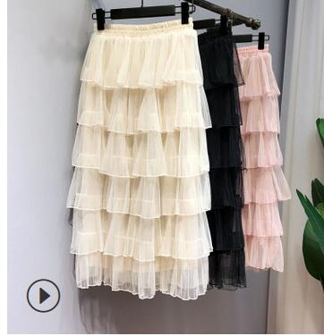 

1pcs/lot Sweet Spring Ruffles Skirts Long Black Skirts Women 2018 Summer Ruffles Layers Cake long solid summer skirt, Beige