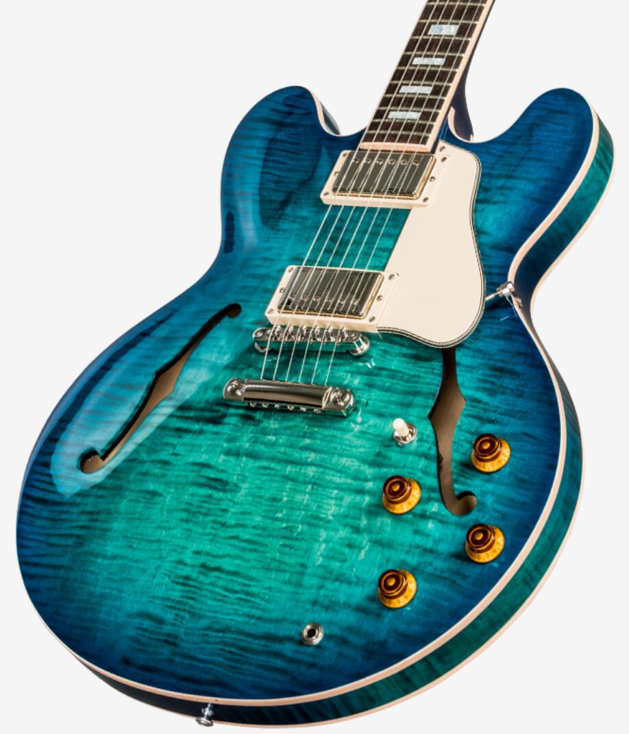 

2018 Memphis 335 Semi Hollow Figured Aquamarine Jazz Electric Guitar Flame Maple Top & Side & Back, Little Pin ABR-1 Bridge, Block Inlay