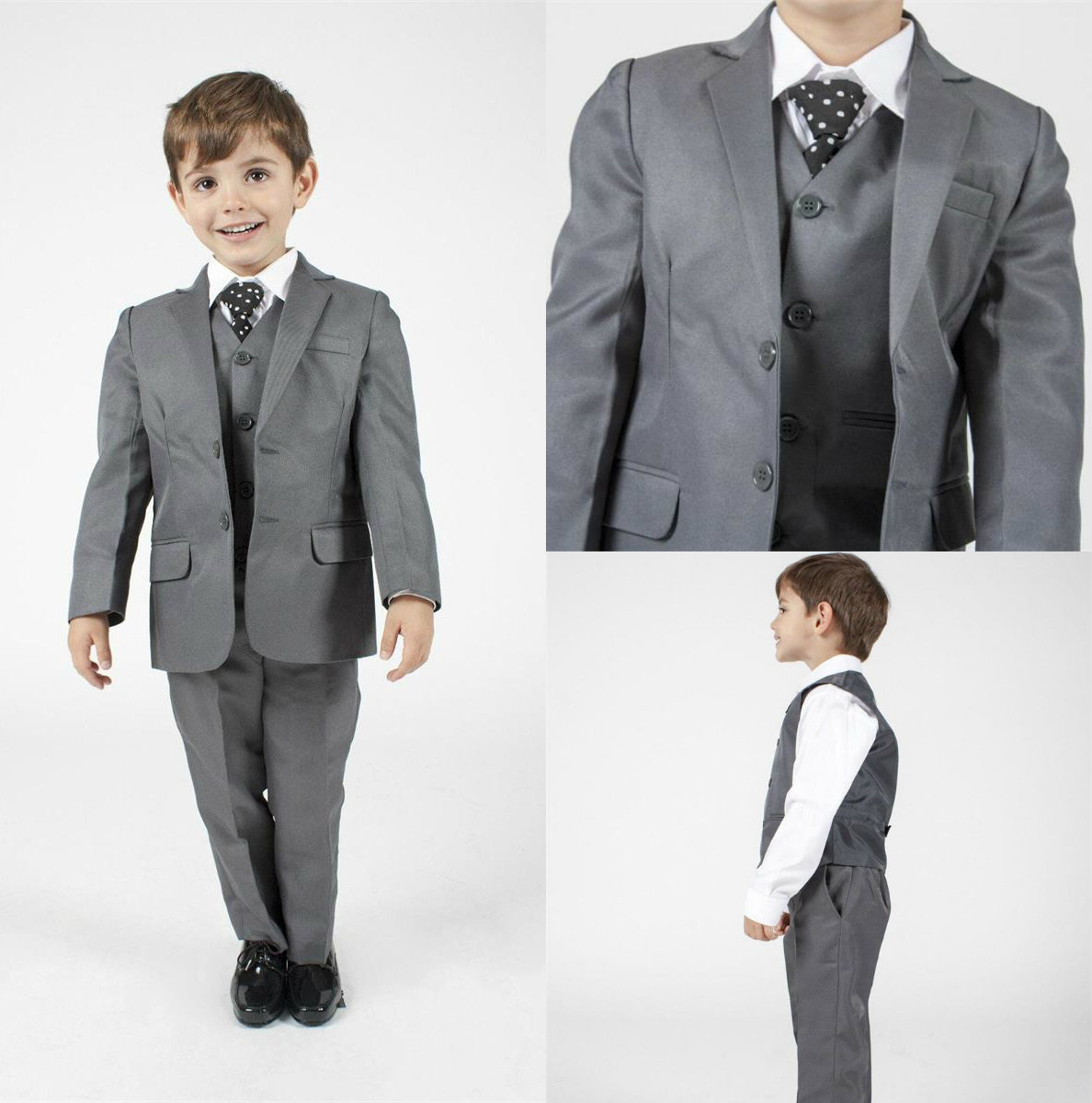 

Handsome Boy's Formal Occasion Tuxedos Little Men Suits Grey Children Kids Wedding Party Tuxedos Boy's Formal Wear (Jacket+pants+vest), Same as image