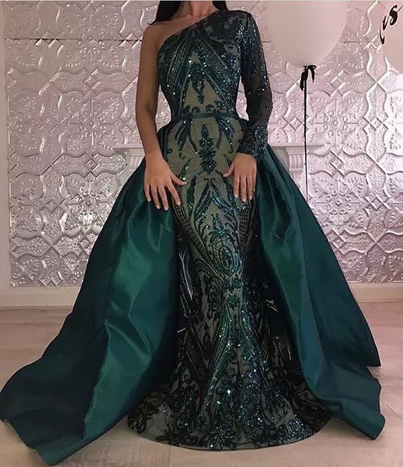 

Long Sleeves Evening Dresses 2019 Arabic A Line One Shoulder emerald green Pageant Formal Holiday Wear Prom Party prom Gown, White
