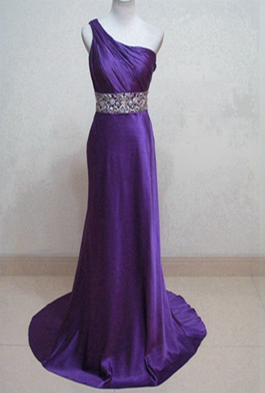 Beaded One Shoulder Long Satin Evening Dresses Purple 2019 Sheath Evening Gowns Pleated Prom Gowns Floor Length