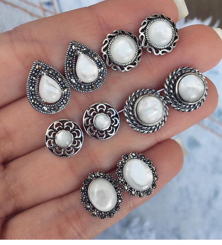 

Bohemia Fashion Opal Stud 5 Pairs For One Earring Set Big White Stone Vintage Design Alloy Studding Wholesale