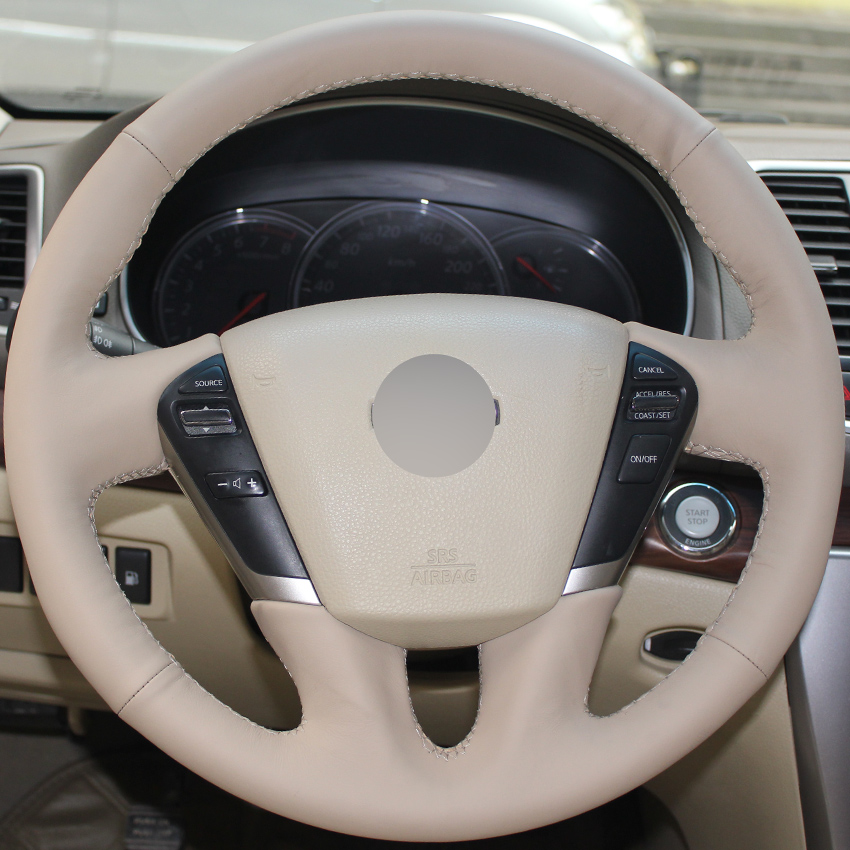 Beige Genuine Leather Hand-stitched Car Steering Wheel Cover for Nissan Teana 2008-2012 Murano 2009-2014-image-429879063