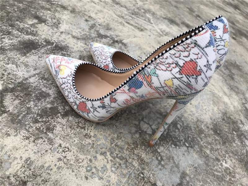 

Free shipping women pumps sexy lady Purple white Graffiti printed high heels shoes sandals thin heel party shoes Stiletto 12cm 10cm 8cm, Black